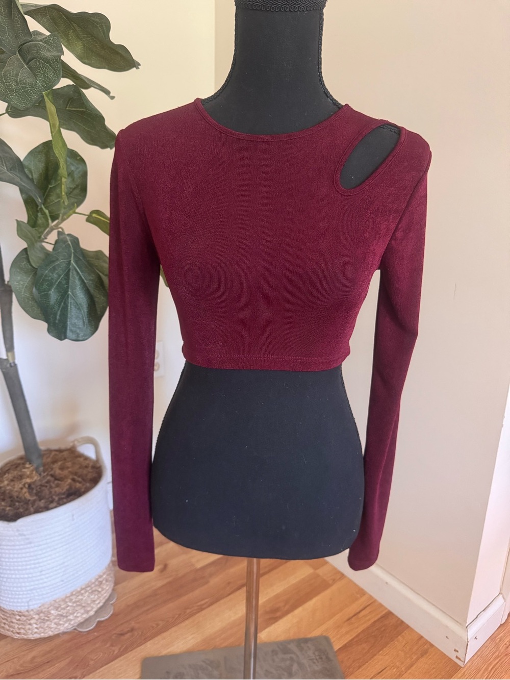 Electrica Burgundy Asymmetrical Cutout Long-Sleeve Crop Top